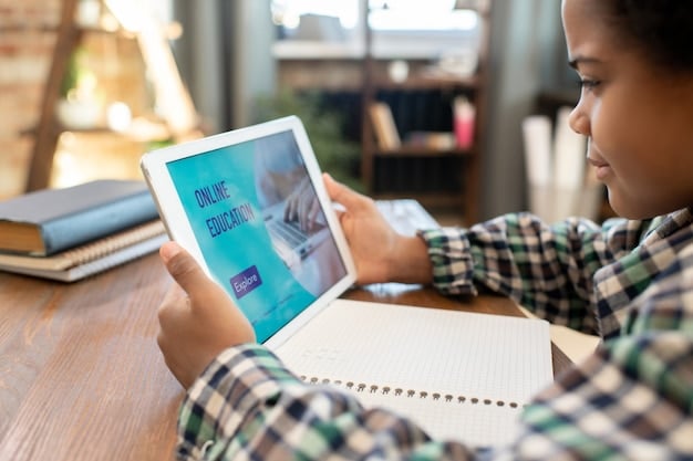 A close-up shot of a student interacting with an AI-powered learning platform on a tablet. The interface should be intuitive and engaging, with personalized recommendations and progress tracking.