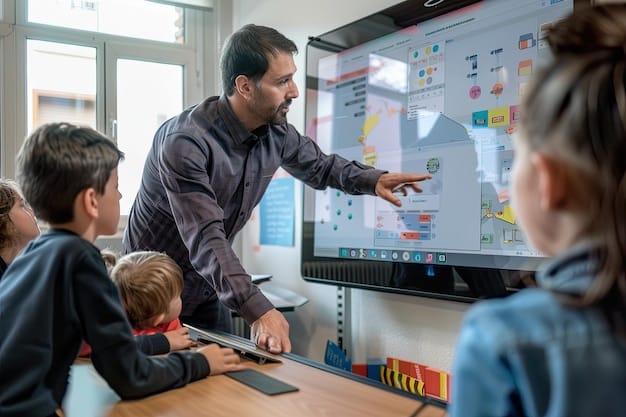 A teacher interacting with an AI dashboard on a computer, analyzing student performance data and adjusting lesson plans based on the insights provided. The teacher should appear engaged and empowered by the technology.