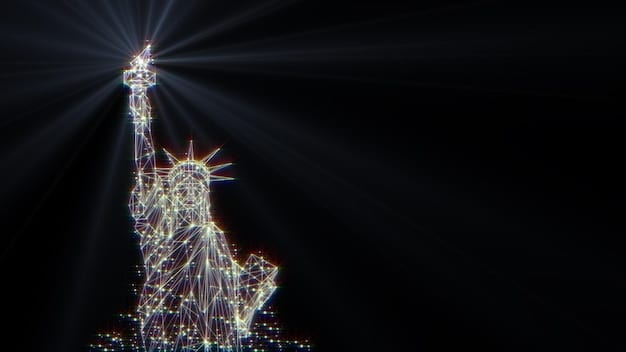 A silhouette of the Statue of Liberty partially obscured by a digital grid, symbolizing the tension between national ideals of freedom and the increasing use of AI surveillance.