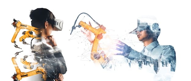 A split-screen image showing a traditional manufacturing worker on one side and a robotic arm performing the same task on the other. The image highlights the contrast between human labor and automated processes in manufacturing.