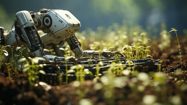 A close-up of a robotic arm on a tractor meticulously planting seeds in a field. The focus is on the precision of the AI system, with sensors and cameras guiding the arm. The background shows neat rows of newly planted crops.