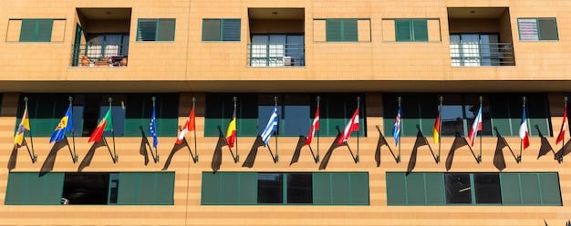 A government building with flags, representing the regulatory bodies involved in setting standards for autonomous vehicle safety and deployment. The sky is overcast, symbolizing the challenges in navigating regulatory hurdles.