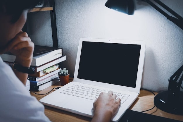 A close-up shot of a person using a screen reader on a laptop, with focus on the screen displaying text being read aloud by AI. The background is a well-lit office or study environment.