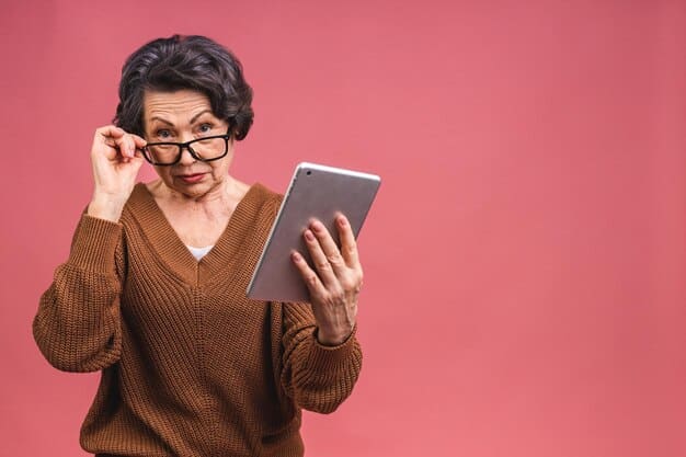 A person wearing glasses looking skeptical at a news headline on their tablet. Hovering above the tablet is a digital display showing various AI algorithms analyzing the news article in real-time, highlighting potential inconsistencies and biased language.