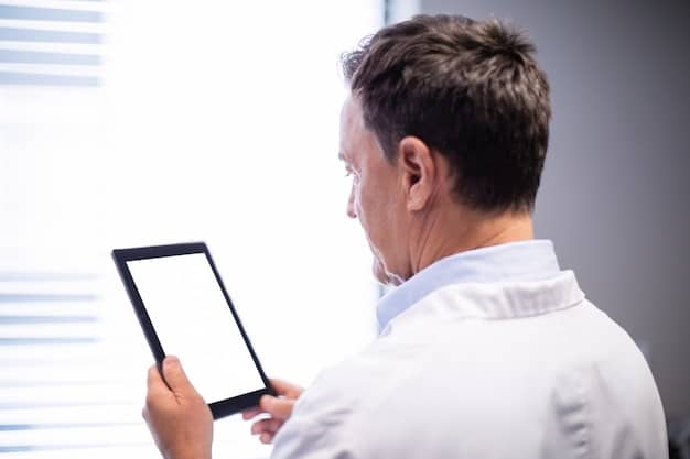 A doctor is using a tablet to interact with an AI-powered diagnostic tool. The interface displays medical images and data visualizations, highlighting areas of concern. The doctor is smiling, conveying trust and satisfaction with the technology.
