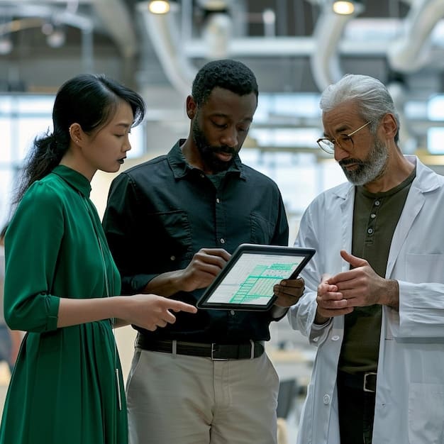 A group of diverse individuals are working together on a project involving AI in healthcare. They are collaborating around a table, reviewing data and discussing strategies for ensuring equitable access. The atmosphere is collaborative and inclusive.