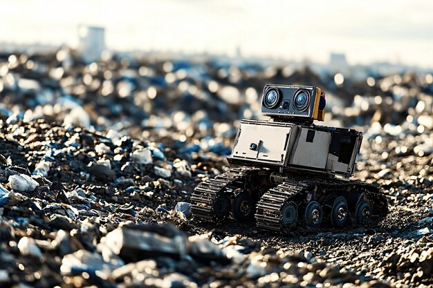 A robot navigating through rubble and debris, equipped with sensors and cameras, to search for survivors in a collapsed building. The robot is designed to withstand harsh conditions and navigate tight spaces, providing crucial information to rescue teams outside. The scene is dimly lit and filled with dust, highlighting the challenging environment.