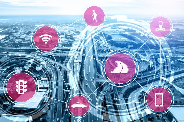 A diagram illustrating the integration of various technologies like IoT sensors, cloud computing, and AI algorithms within a supply chain network, emphasizing the seamless flow of data and automated processes.