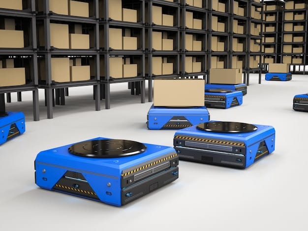 A visual representation of a warehouse where AI-powered robots and automated systems are efficiently sorting, packaging, and moving products, highlighting the reduced human intervention and increased speed.