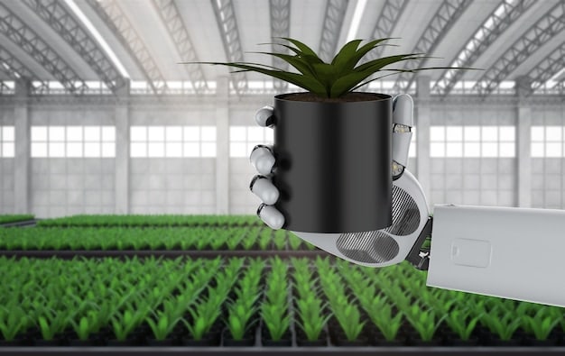 A close-up shot of a robotic arm delicately handling a seedling in a greenhouse, with sensors monitoring its growth. The background shows a series of AI-controlled environmental systems, optimizing temperature, humidity, and light exposure for each plant.