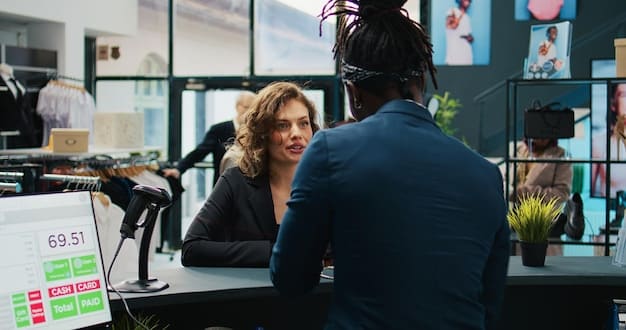 A modern bank branch interior showcasing a customer interacting with an AI-powered virtual assistant on a large touchscreen display. The scene depicts a seamless blend of human-computer interaction, highlighting the convenience and efficiency of AI in customer service.