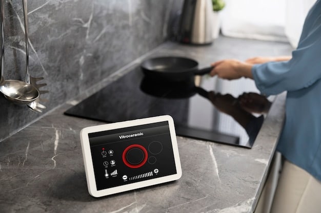 A close-up of a smart thermostat displaying an energy-saving schedule, with a hand adjusting the settings. The background shows a comfortable living room with energy-efficient appliances.