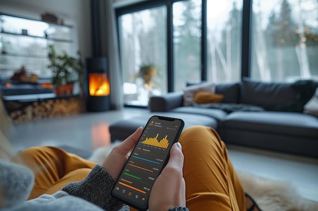 A dashboard on a smartphone app showing real-time energy usage data for a smart home, with graphs indicating savings achieved through AI-powered optimizations.