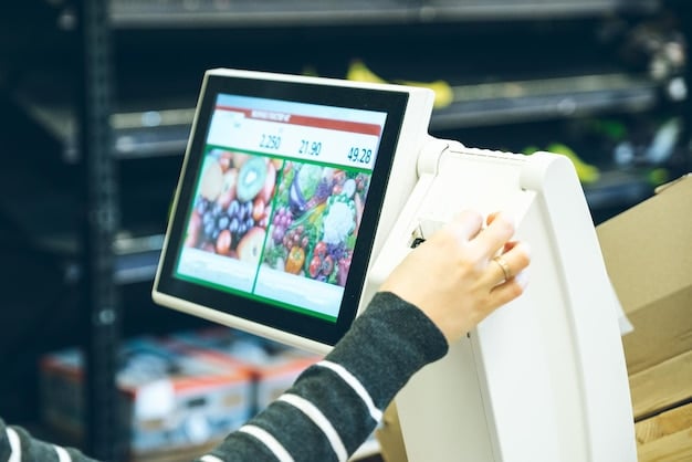 A close-up of a retail shelf with AI-powered sensors that monitor inventory levels in real-time. The data is displayed on a tablet held by a store employee, showing stock levels, sales trends, and restocking needs.