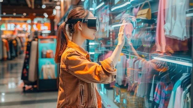 A futuristic retail store where customers interact with holographic displays and AI-powered virtual assistants. The image conveys an environment where technology seamlessly enhances the shopping journey.