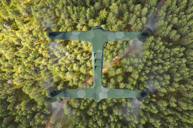 An aerial view of a forest being monitored by a drone, with an overlay showing data points and analysis being performed by an AI algorithm. The image illustrates the use of AI in forest management.
