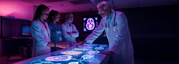A diverse group of doctors and researchers collaborating around a holographic display of patient data, symbolizing the interdisciplinary nature of personalized medicine.