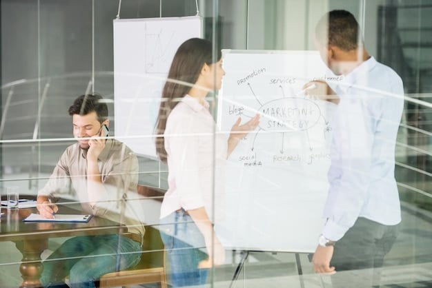A group of researchers collaborating in a modern office space, brainstorming ideas on a whiteboard covered with equations and diagrams related to AI.