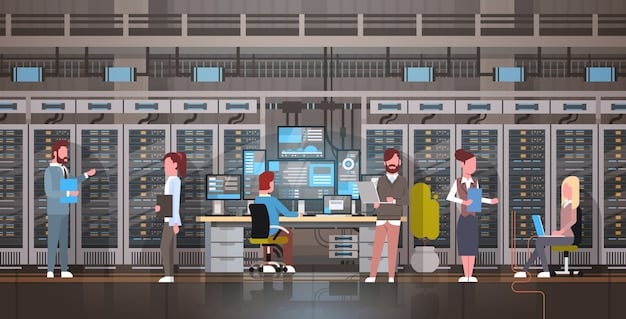 A high-tech data center filled with rows of blinking servers, with researchers working at consoles in the foreground, symbolizing the computational power and resources that the NAIRR will provide to AI researchers.