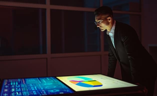 A US researcher using visualization tools to analyze an AI dataset, identifying and flagging biased data points. The scene highlights the importance of meticulous data analysis in ensuring fairness.