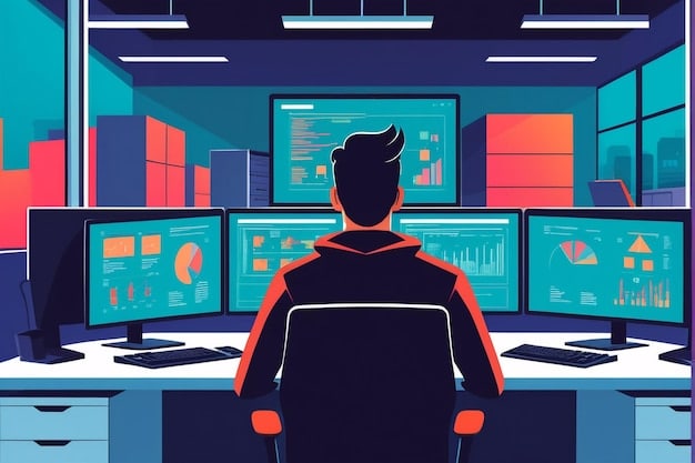 A graphic representation of a cybersecurity expert working in front of multiple screens displaying complex data visualizations and threat maps. The scene highlights collaboration between humans and AI in analyzing and responding to cyber threats.