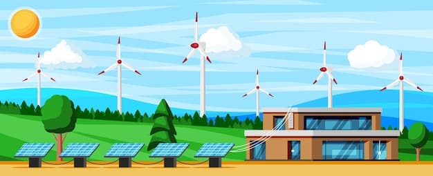 An illustration of a smart grid with interconnected renewable energy sources (solar panels, wind turbines) and AI algorithms optimizing energy distribution. The graphic also shows data flow and real-time energy consumption monitoring.