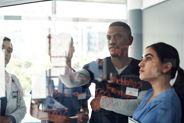 A diverse group of researchers and industry professionals collaborating around a large interactive screen displaying AI algorithms and data visualizations. The setting is a modern laboratory or innovation hub, emphasizing teamwork and technological advancement.