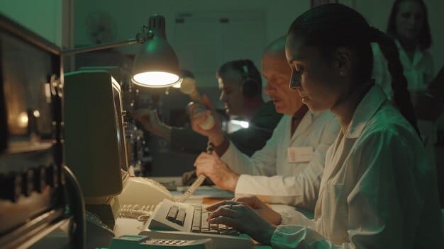 A university lab filled with researchers working on AI projects, with a focus on diversity in the research team.