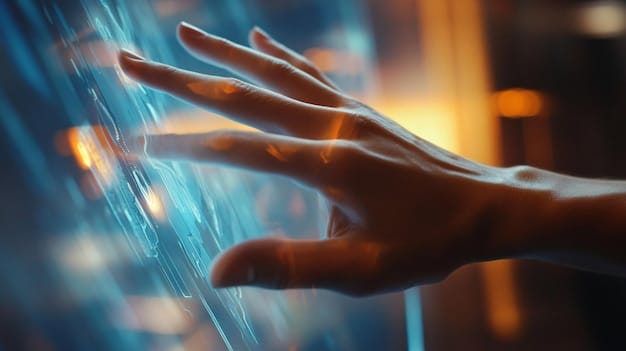 A close-up shot of a hand interacting with a holographic display showing trend lines and data points. The background should be blurred and futuristic.