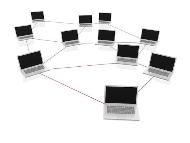 A diagram showing a network of computers and devices interconnected by lines, each representing a potential point of vulnerability. Red lines indicate attack paths, while green lines indicate secure connections. This visual represents the complexity of modern networks and the challenges of maintaining data security.