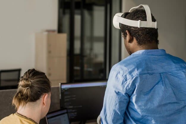 A worker participating in a VR training session, simulating the operation of a complex AI-powered machine. Other trainees observe on monitors, discussing the procedure.