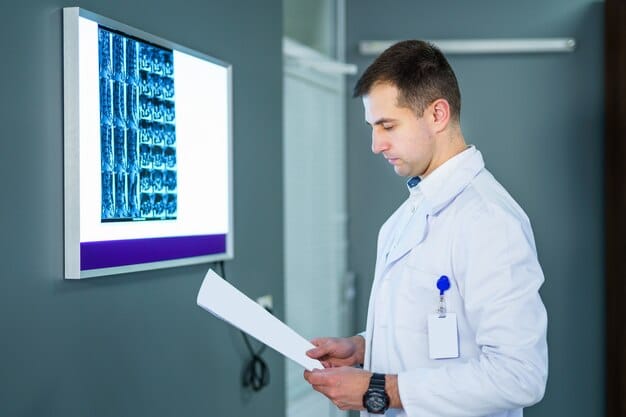 A medical professional using an AI-powered diagnostic tool to analyze a patient's scan, with highlighted areas of concern and suggested treatment options displayed on the screen.