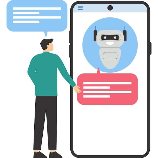 An AI chatbot interface on a smartphone, displaying a conversation with a customer. The chatbot is providing helpful responses and guiding the customer through a troubleshooting process. The interface is user-friendly and visually appealing.