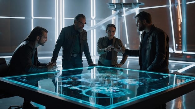 A diverse team of HR professionals collaborating around a table, with holographic displays showing AI-driven analytics and insights for recruitment and talent management. The scene is set in a modern, high-tech office environment.