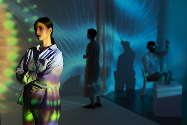 A futuristic courtroom scene with a holographic AI model on display as evidence. Lawyers and judges are examining the model, highlighting the intersection of AI and the legal system.